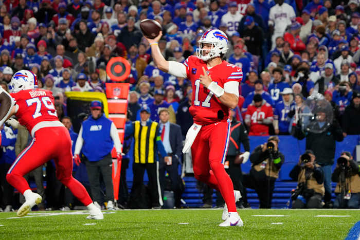 Buffalo Bills quarterback Josh Allen (17) throws the ball against the New York Giants during the first half at Highmark Stadium.